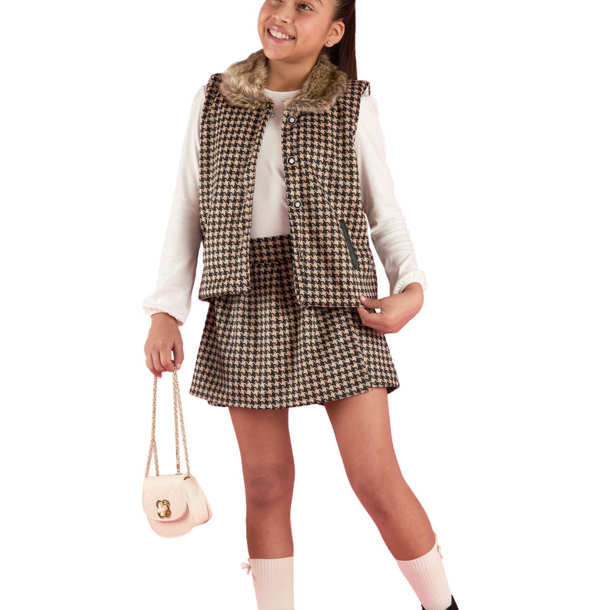 KIDS MASHMELO - Chaleco Pata De Gallo Con Cuello De Peluche Para Niña Kids Mashmelo