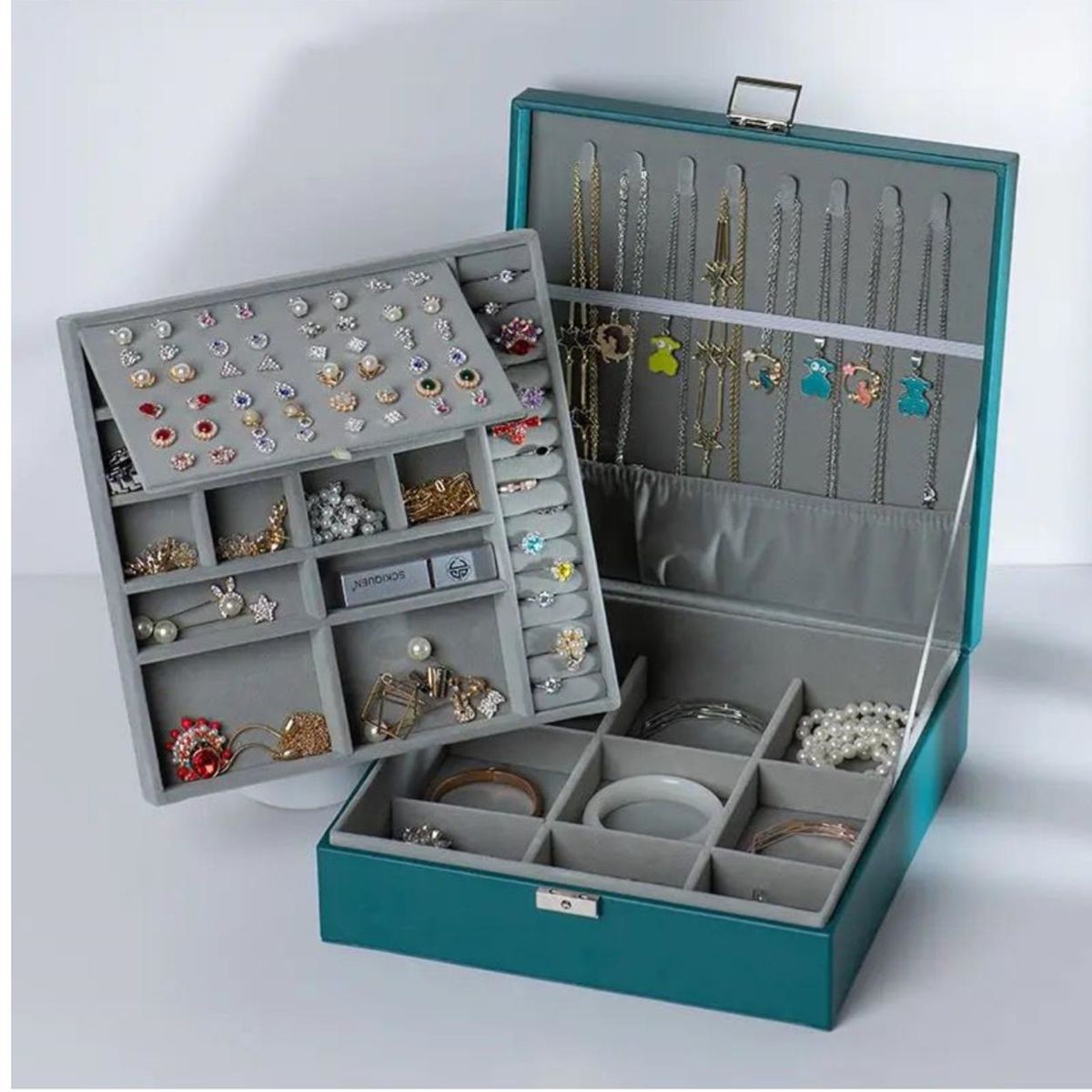 GENERICO - Caja De Joyería Grande De Doble Capa PU Organizador De Joyas  (Verde)