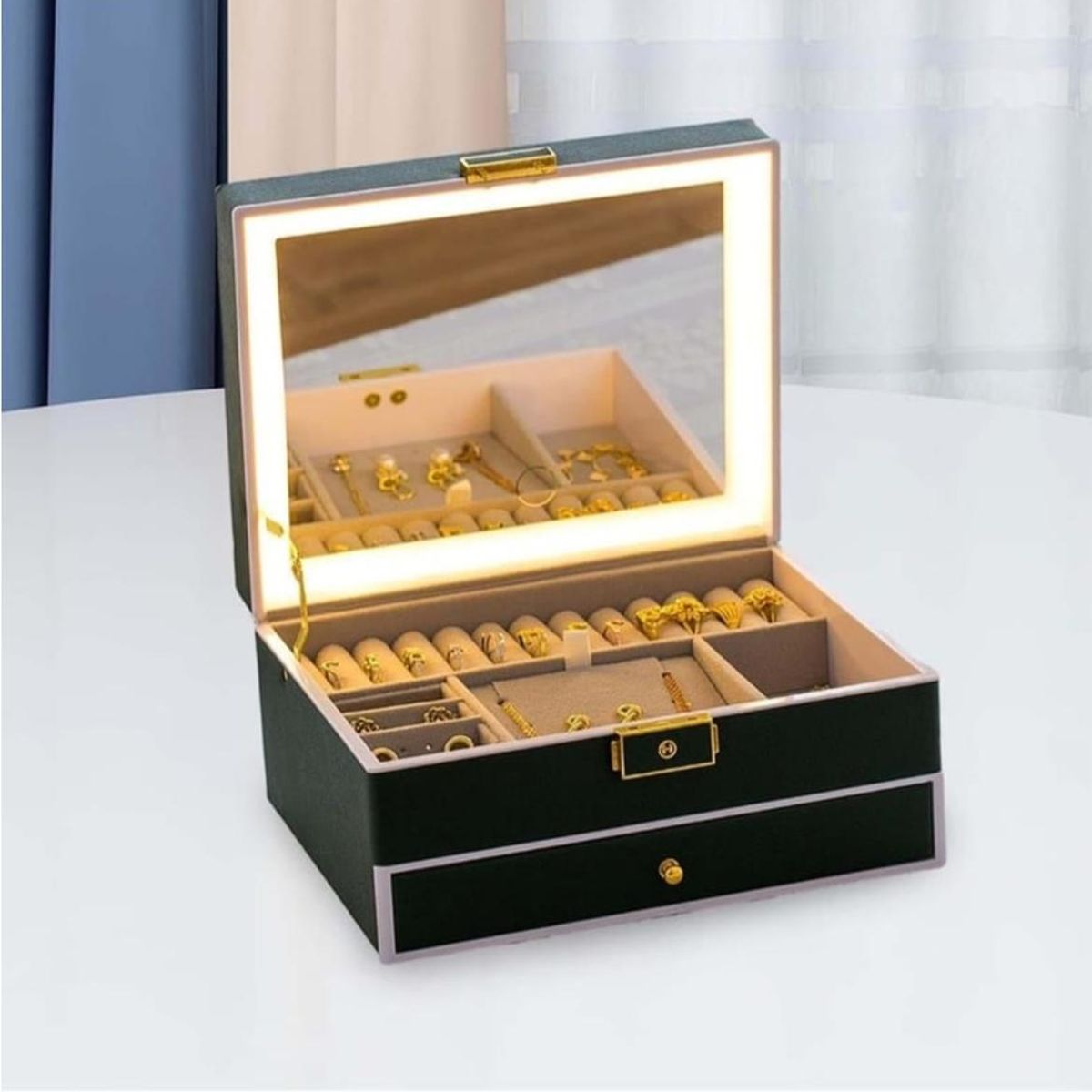 GENERICO - Joyero Caja Organizadora Portátil de Joyas 2 Niveles c/ luz led