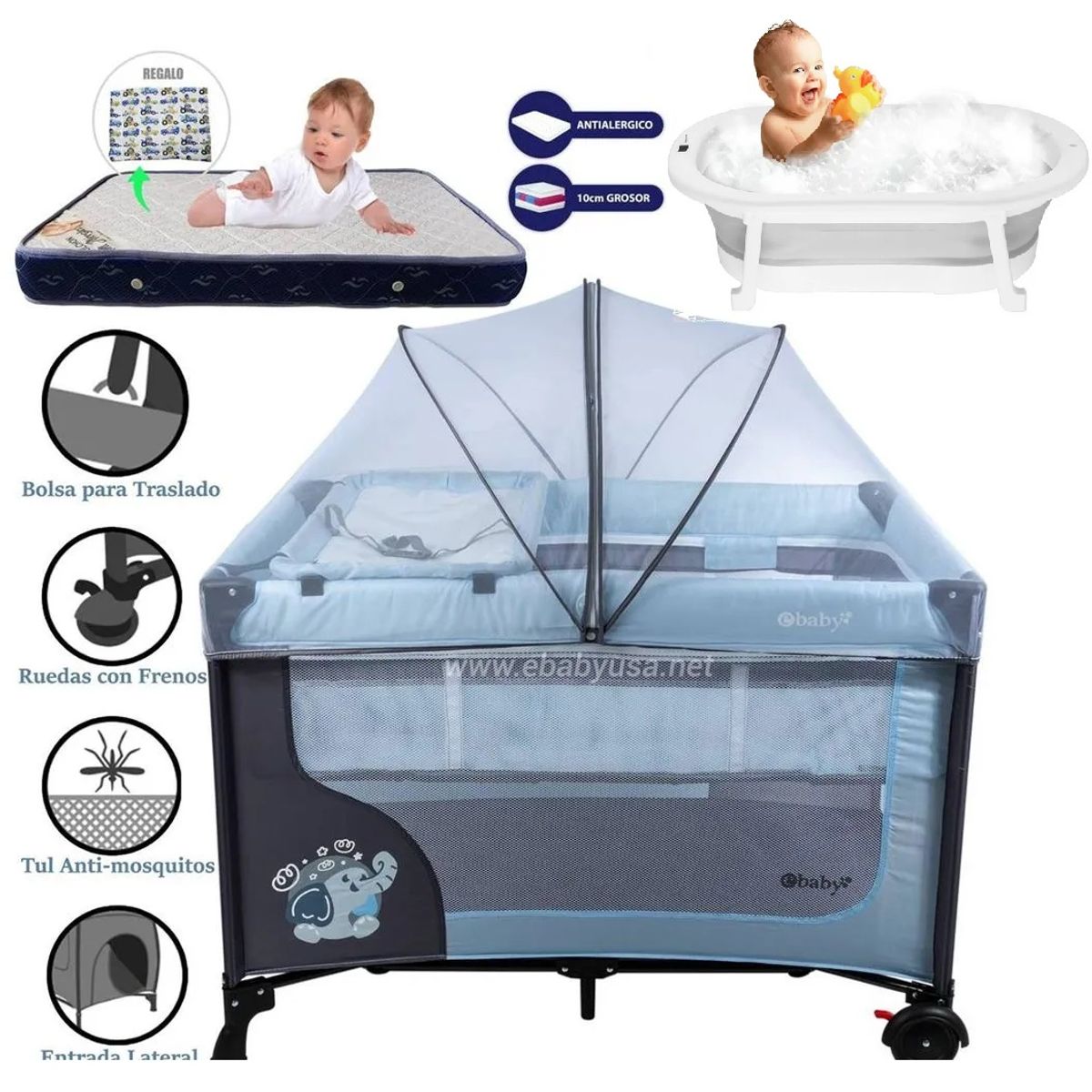 EBABY - Cuna Corral Ebaby Dream +Tina pegable Gris +Colchon Azul
