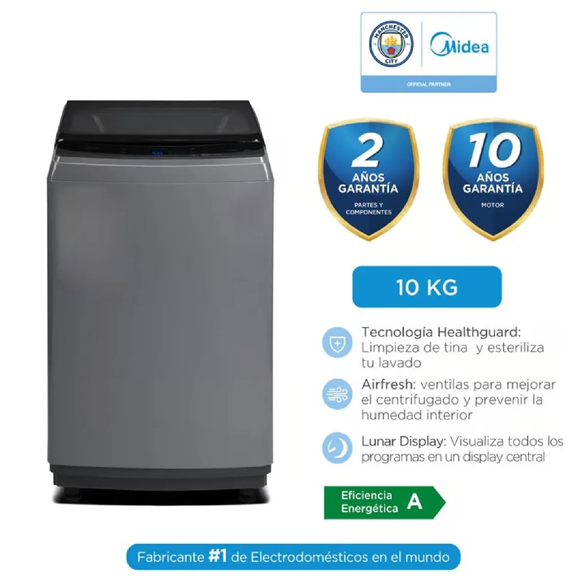MIDEA - Lavadora Automática Midea 10 Kg Titanium MA200W100/G-PE – Silver