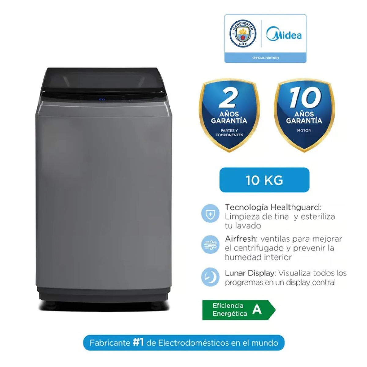 MIDEA - Lavadora Automática Midea 10 Kg Titanium MA200W100/G-PE – Silver