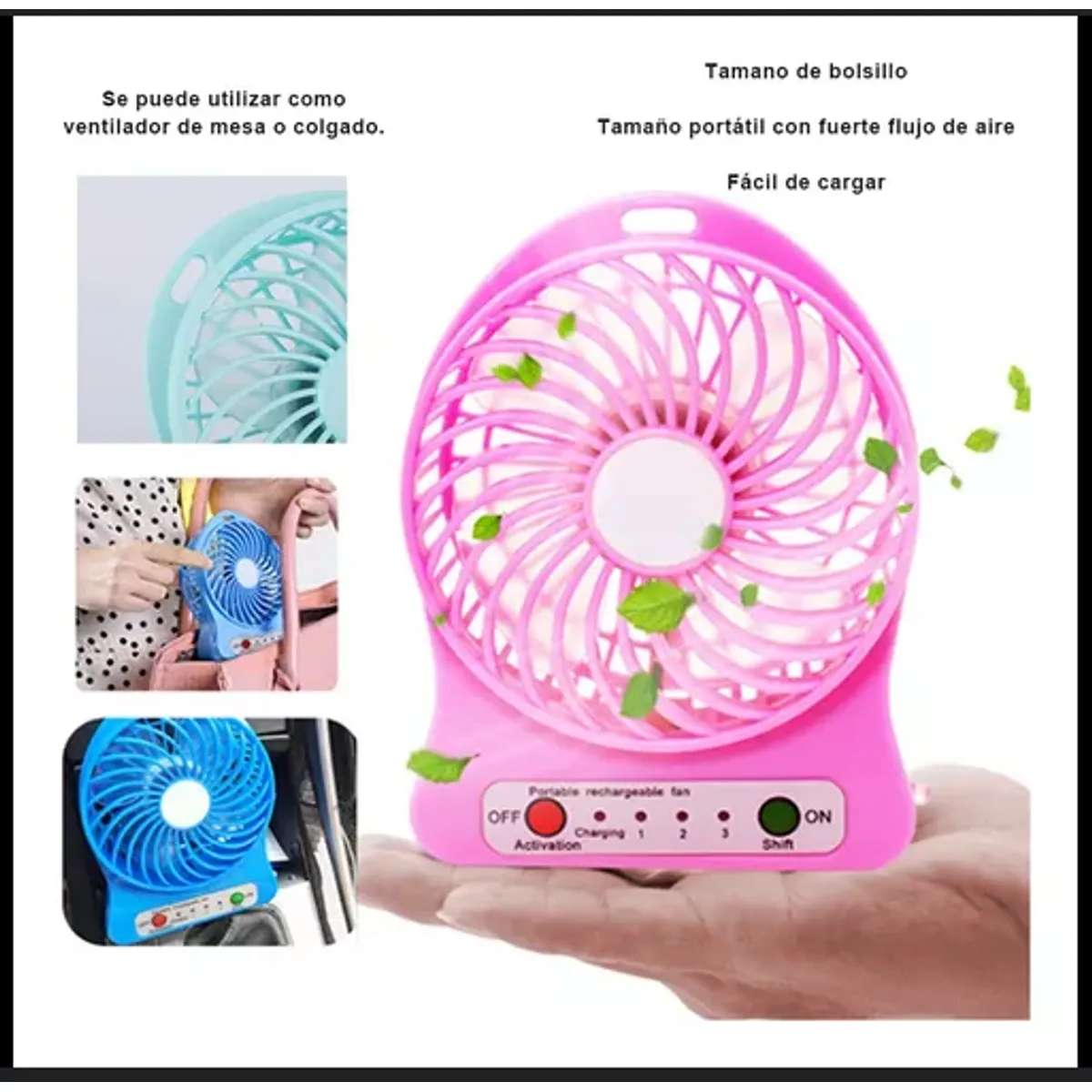 GENERICO - Mini Ventilador Portátil 3 Niveles Con Batería-ROSADO