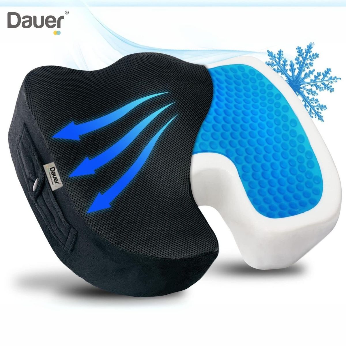 DAUER - Asiento Cojín Dauer Ergonomico con Gel Tech Asa Lateral y Forro Negro