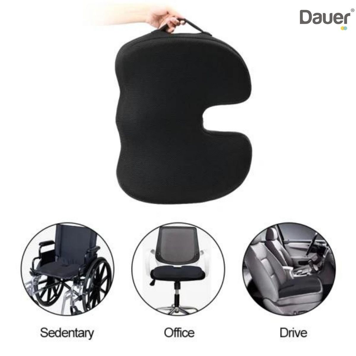 DAUER - Asiento Cojín Dauer Ergonomico con Gel Tech Asa Lateral y Forro Negro