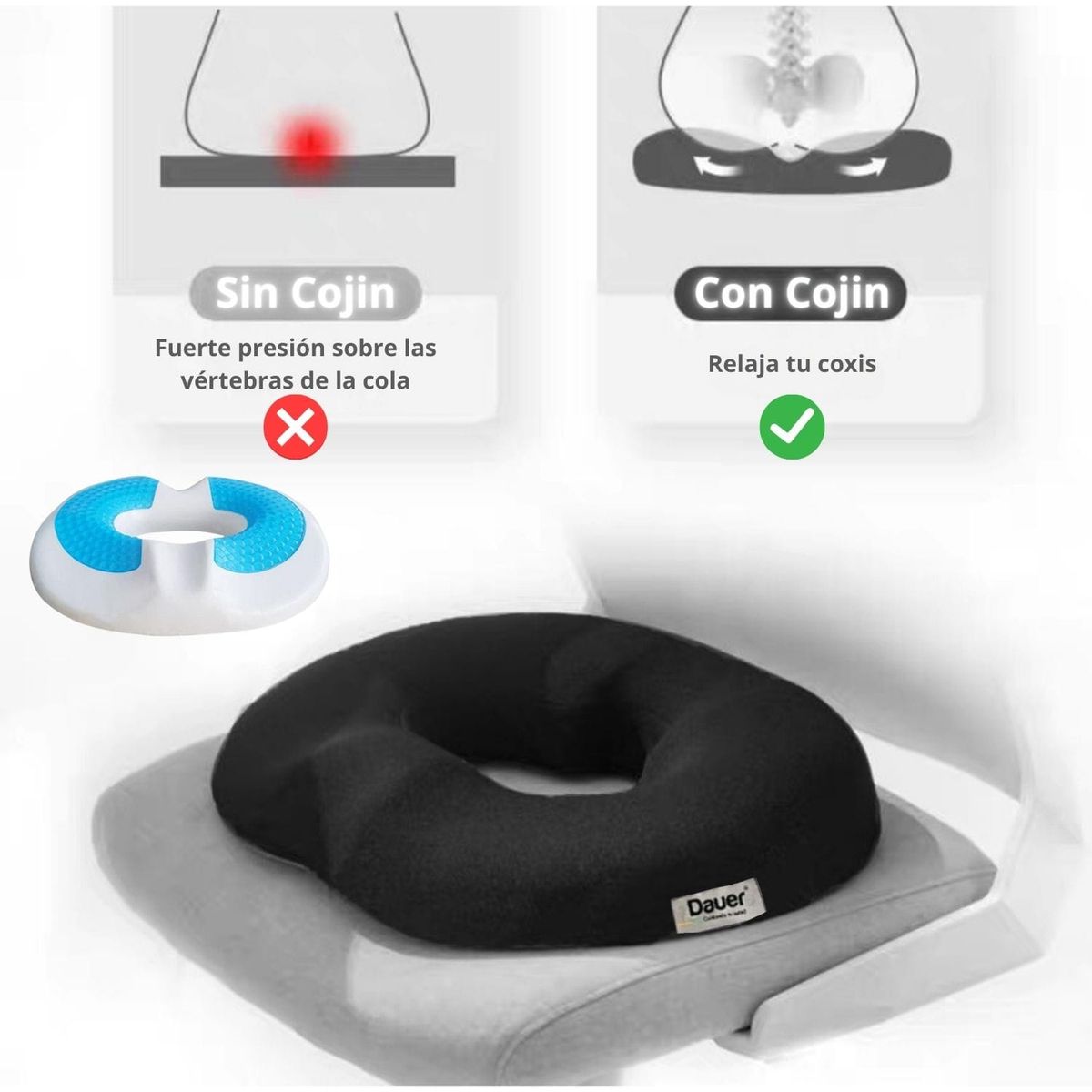 DAUER - Cojín Dona Dauer Ergonomico Anatomico con Gel Tech y Forro Negro