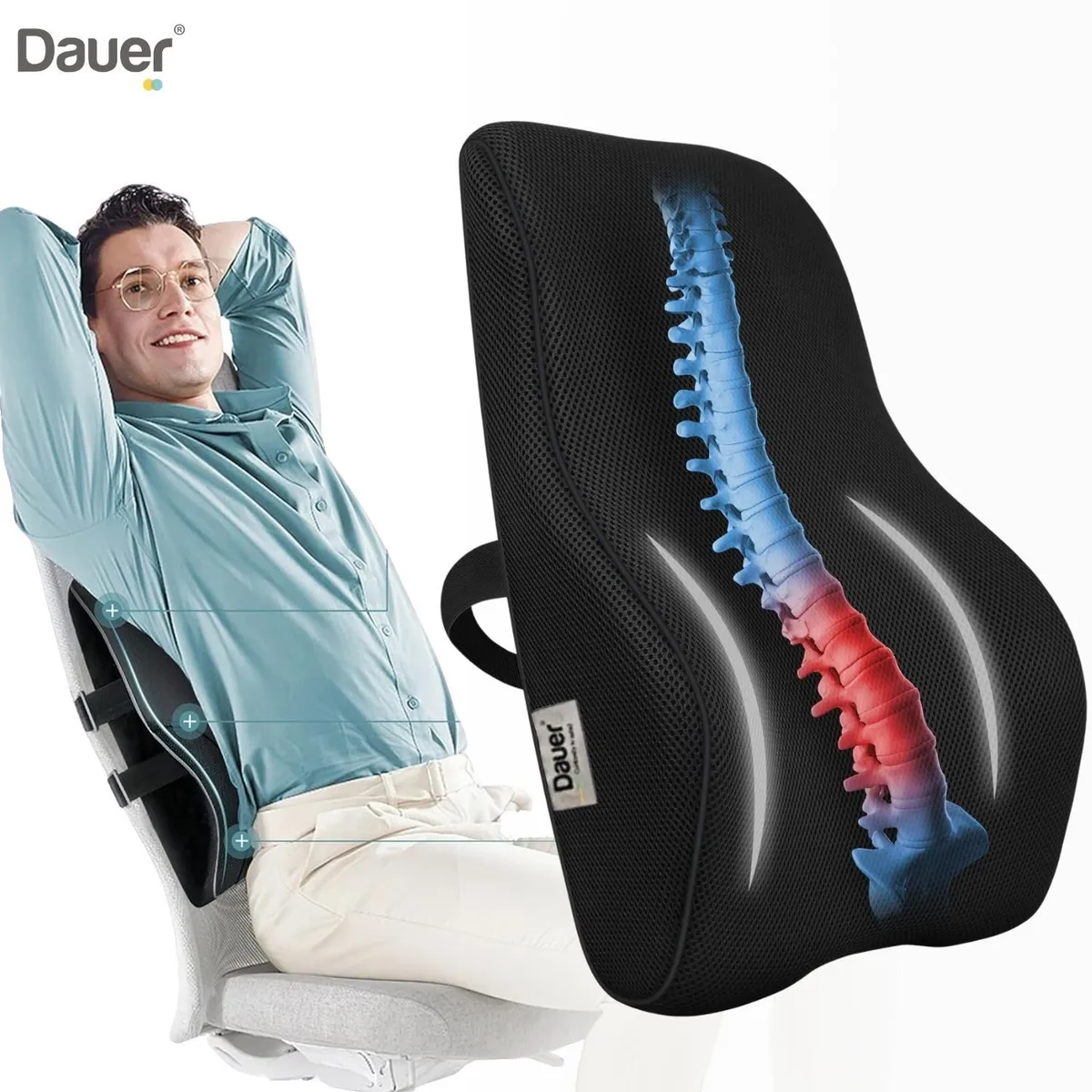 DAUER - Cojín Lumbar Dauer Ergonómico con Gel Tech y Bolsillo Lateral Negro