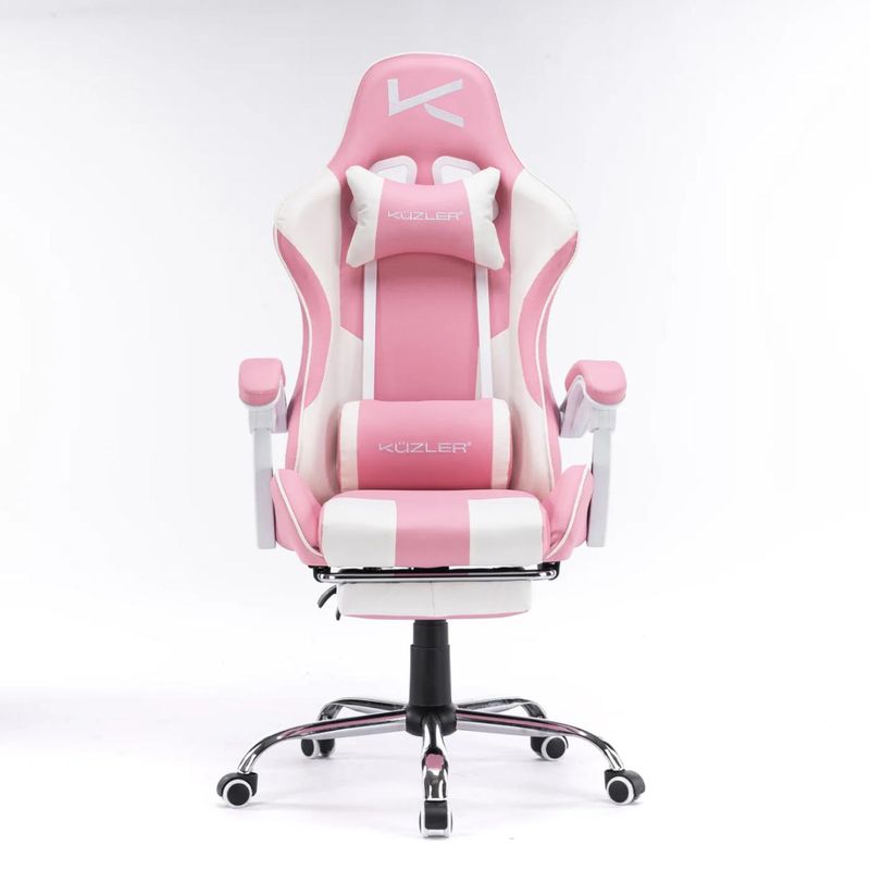 KUZLER - Silla Gamer Rosada con Masajeador Lumbar Reposapiés y base Metálica