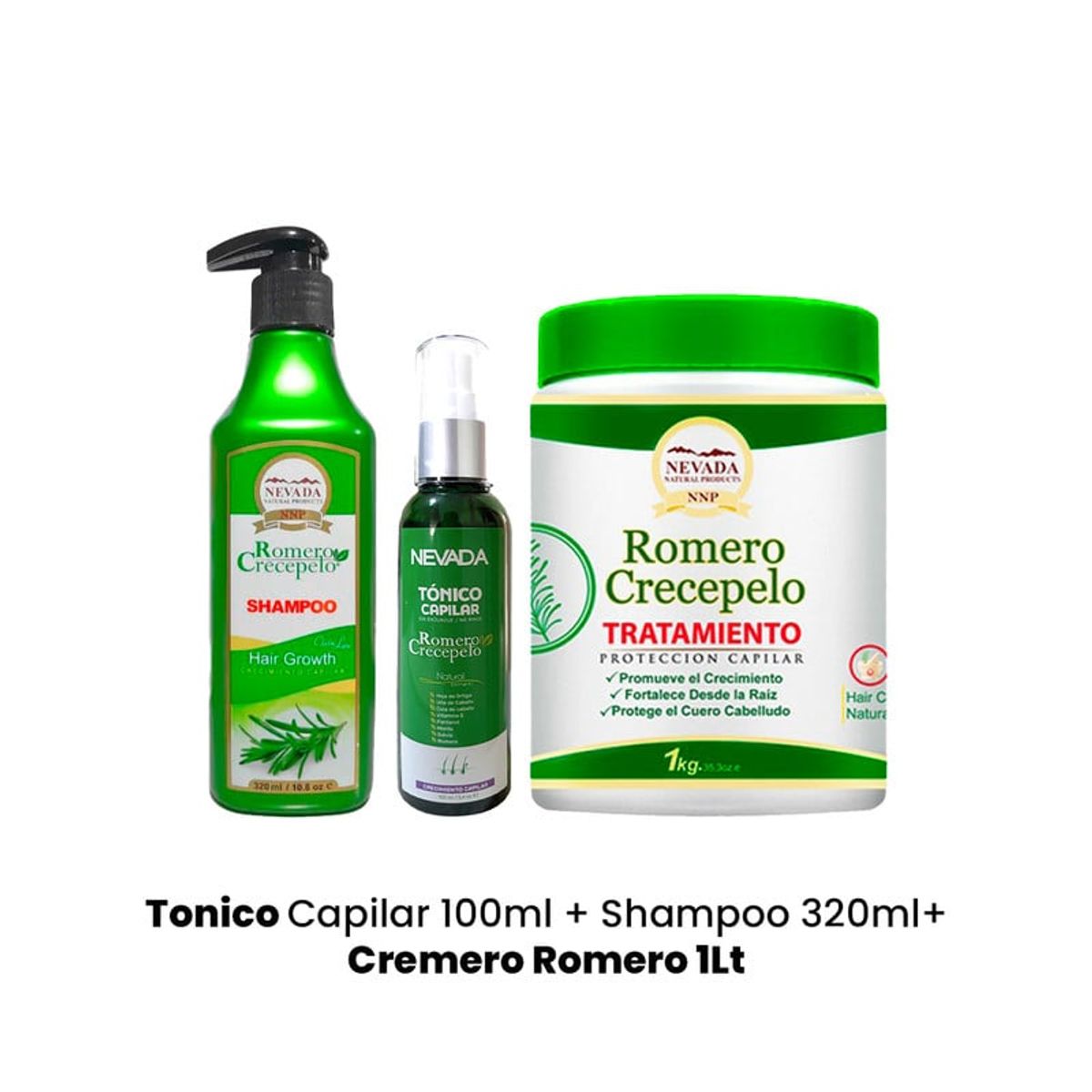 NEVADA NATURAL PRODUCTS - Tonico Capilar 100ml + Shampoo 320ml+ Cremero Romero 1Lt