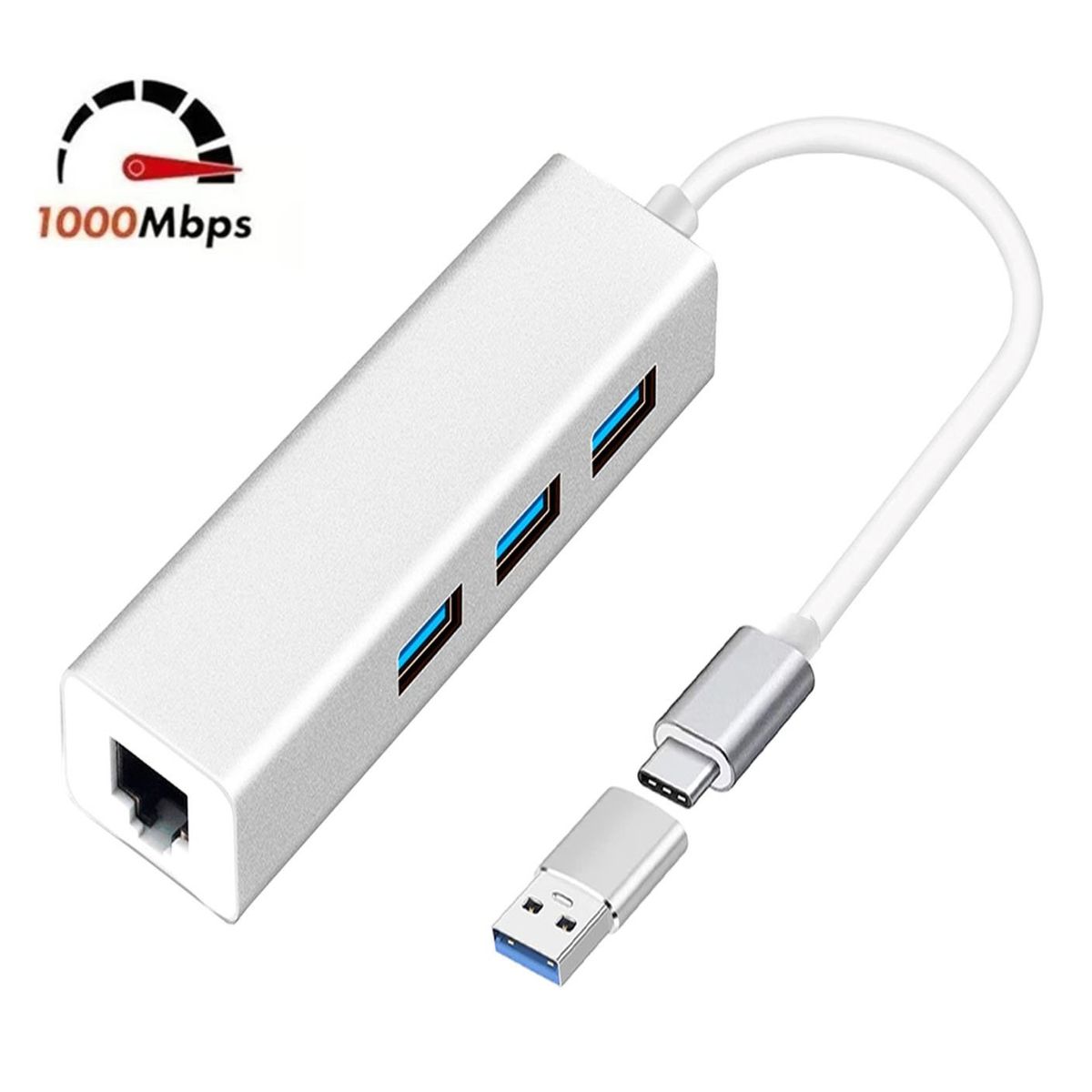 OEM - Adaptador Tipo C o USB 3.0 a RJ45 LAN 1000 Mbps + 3 Puertos USB 2.0