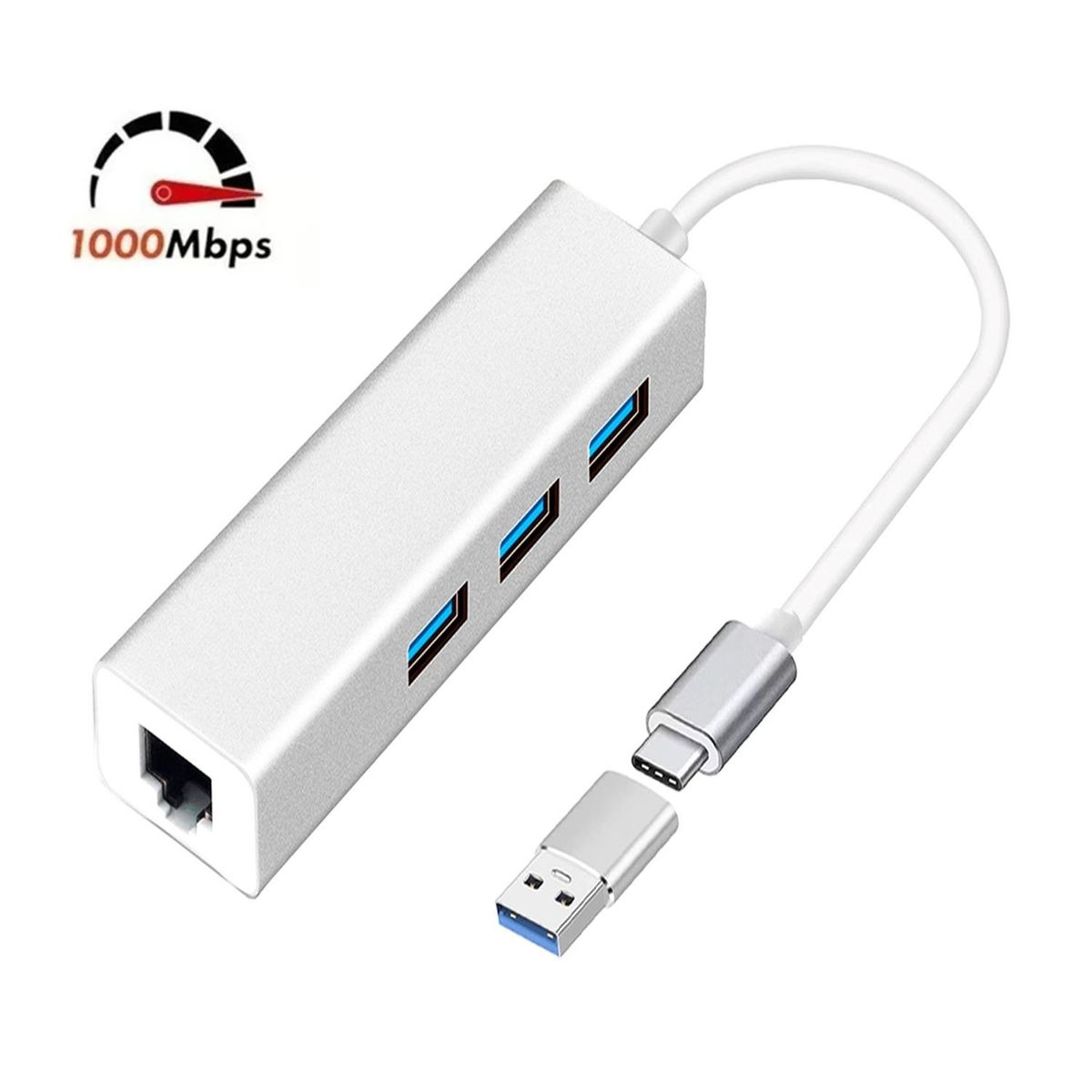 OEM - Adaptador Tipo C o USB 3.0 a RJ45 LAN 1000 Mbps + 3 Puertos USB 2.0