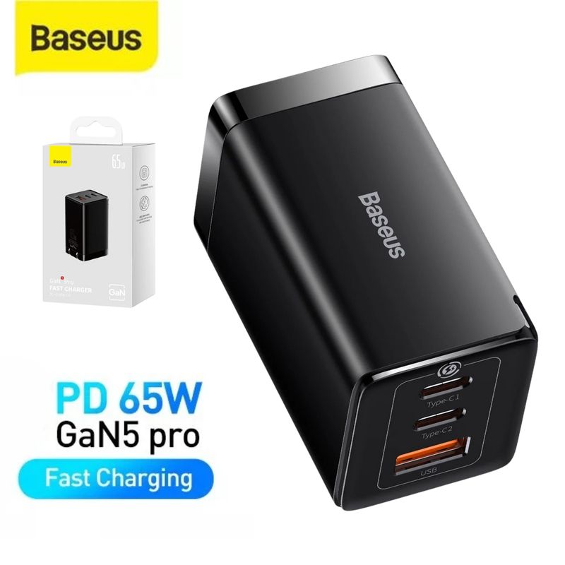 BASEUS - Cargador Rápido Baseus GaN5 Pro 65W con 2 puertos Tipo-C USB - Negro