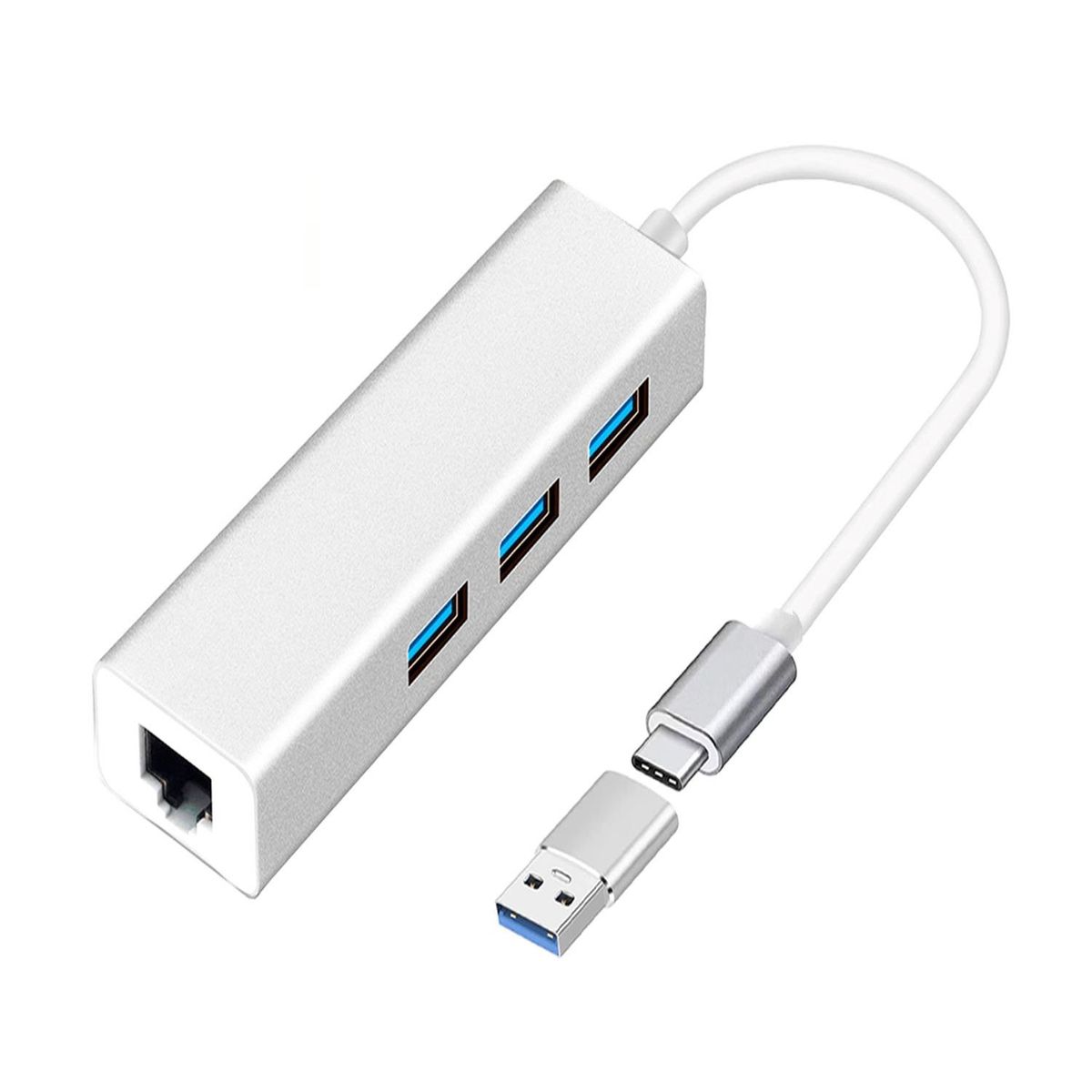 OEM - Adaptador Tipo C o USB 3.0 a RJ45 LAN Gigabit + 3 Puertos USB 2.0