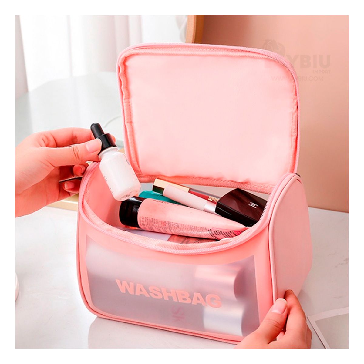 GENERICO - Bolso de Makeup Plastico Rosado Y+Envoltorio de Regalo