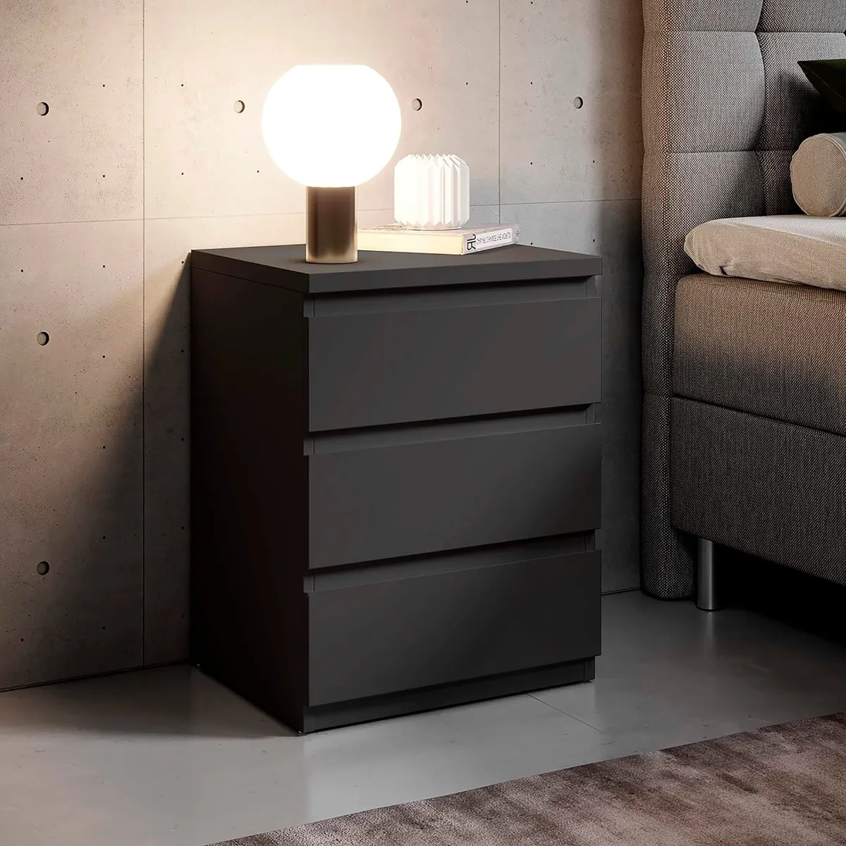 VILLA HOGAR - Velador Jon de 3 cajones negro