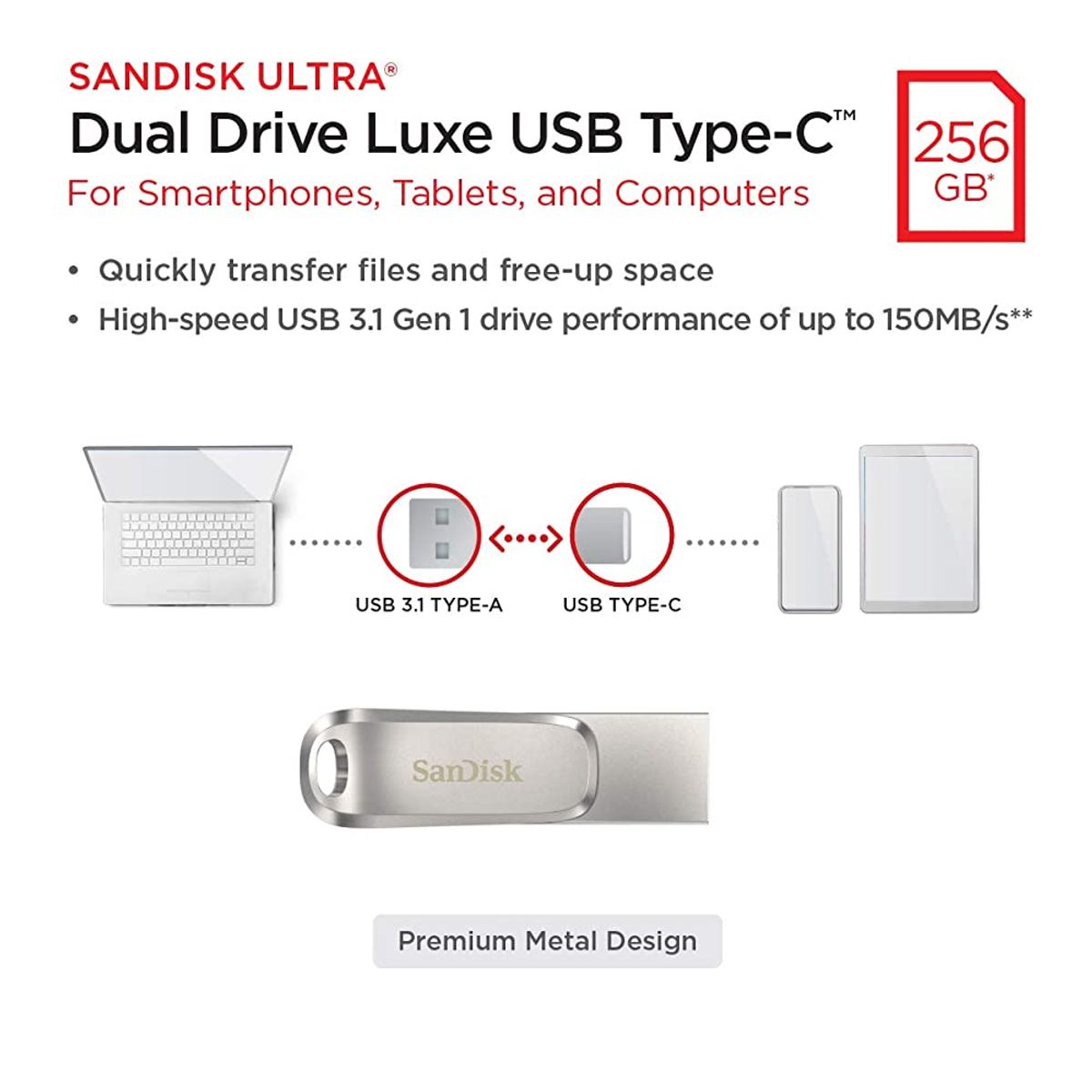 SANDISK - Sandisk USB y USB-C Memoria Dual Drive luxe 150mbs 256GB