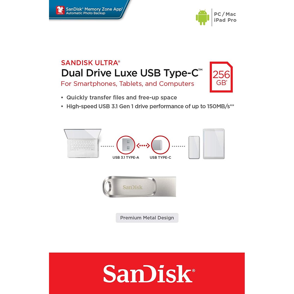 SANDISK - Sandisk USB y USB-C Memoria Dual Drive luxe 150mbs 256GB