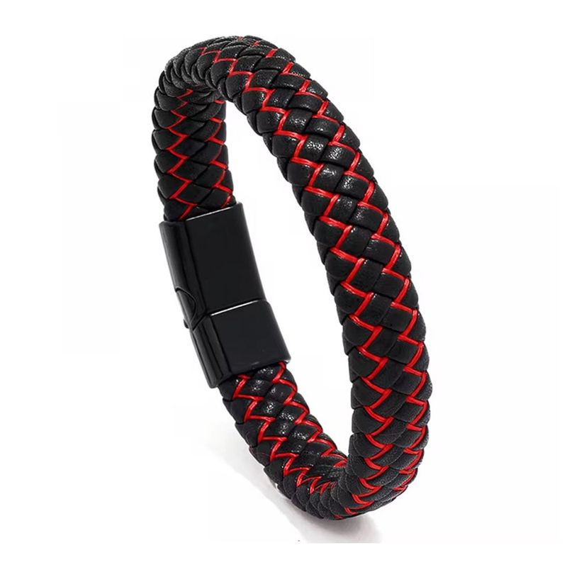 GENERICO - PULSERA HOMBRE CUERO MODA ELEGANTE NEGRO ROJO M002