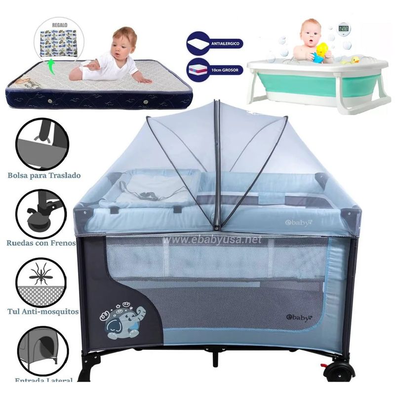 EBABY - Cuna Corral Dream +Tina Plegable celeste + Colchón Azul