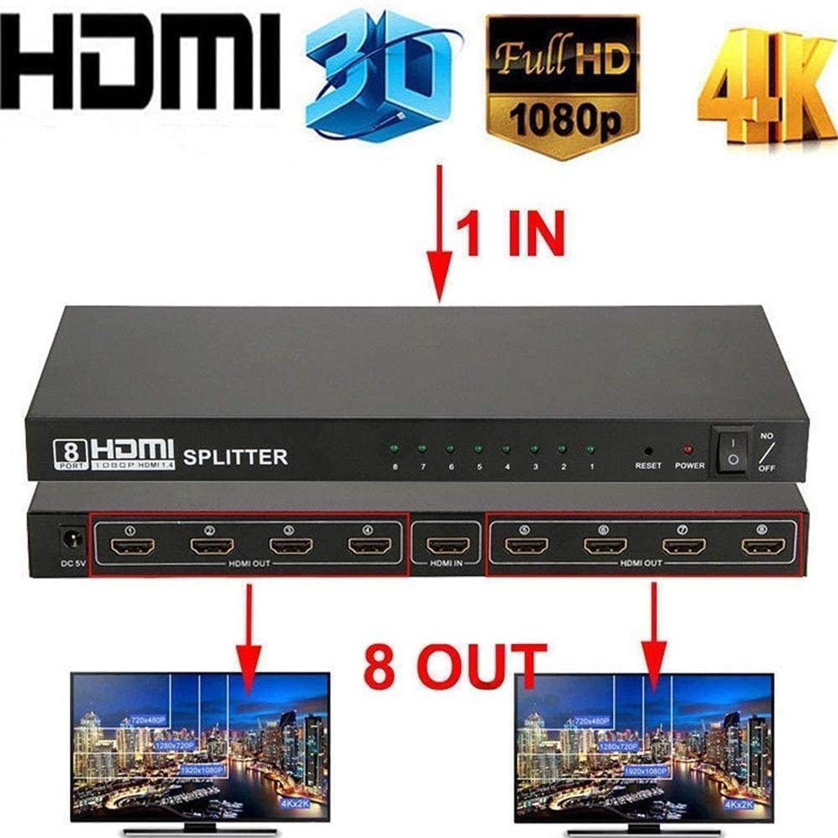 GENERICO - Hdmi Splitter 1x8 1.4 Full Hd 4k Multiplica Señal Conecta 8 tvs