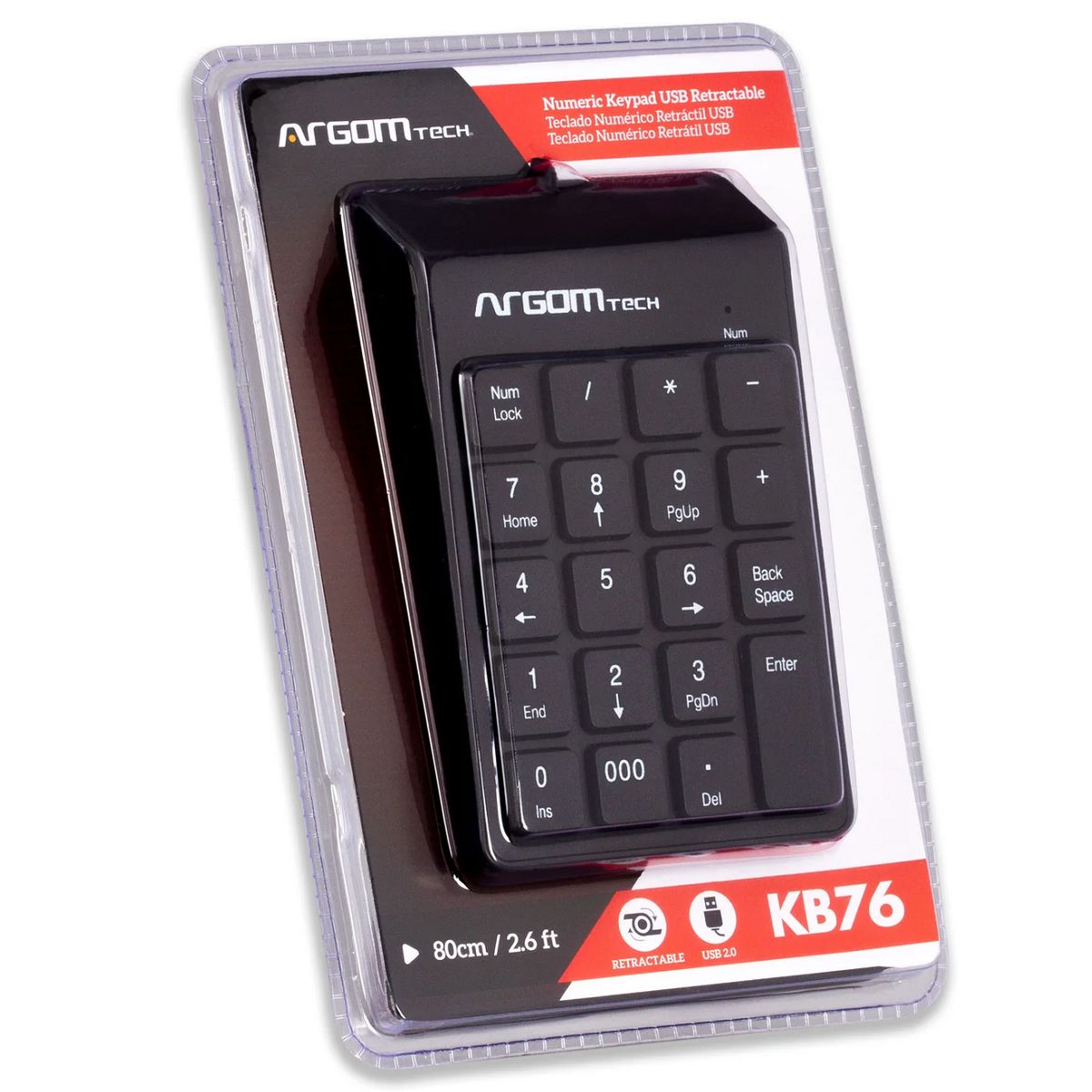 ARGOM TECH - Teclado NUMERICO con tecla de borrado BackSpace y cable usb retractil