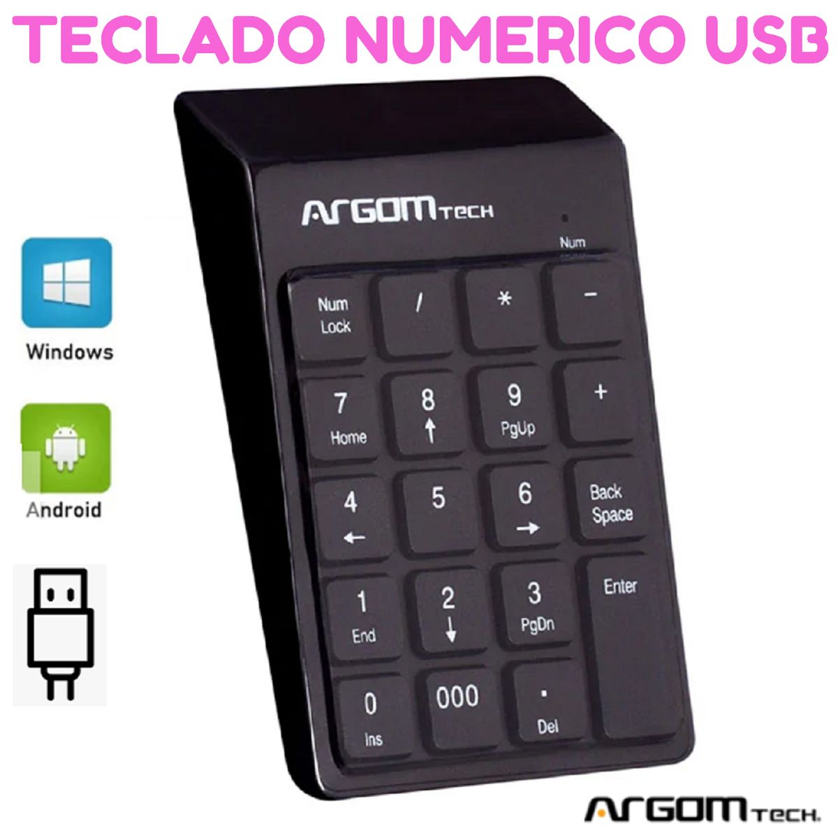 ARGOM TECH - Teclado NUMERICO con tecla de borrado BackSpace y cable usb retractil
