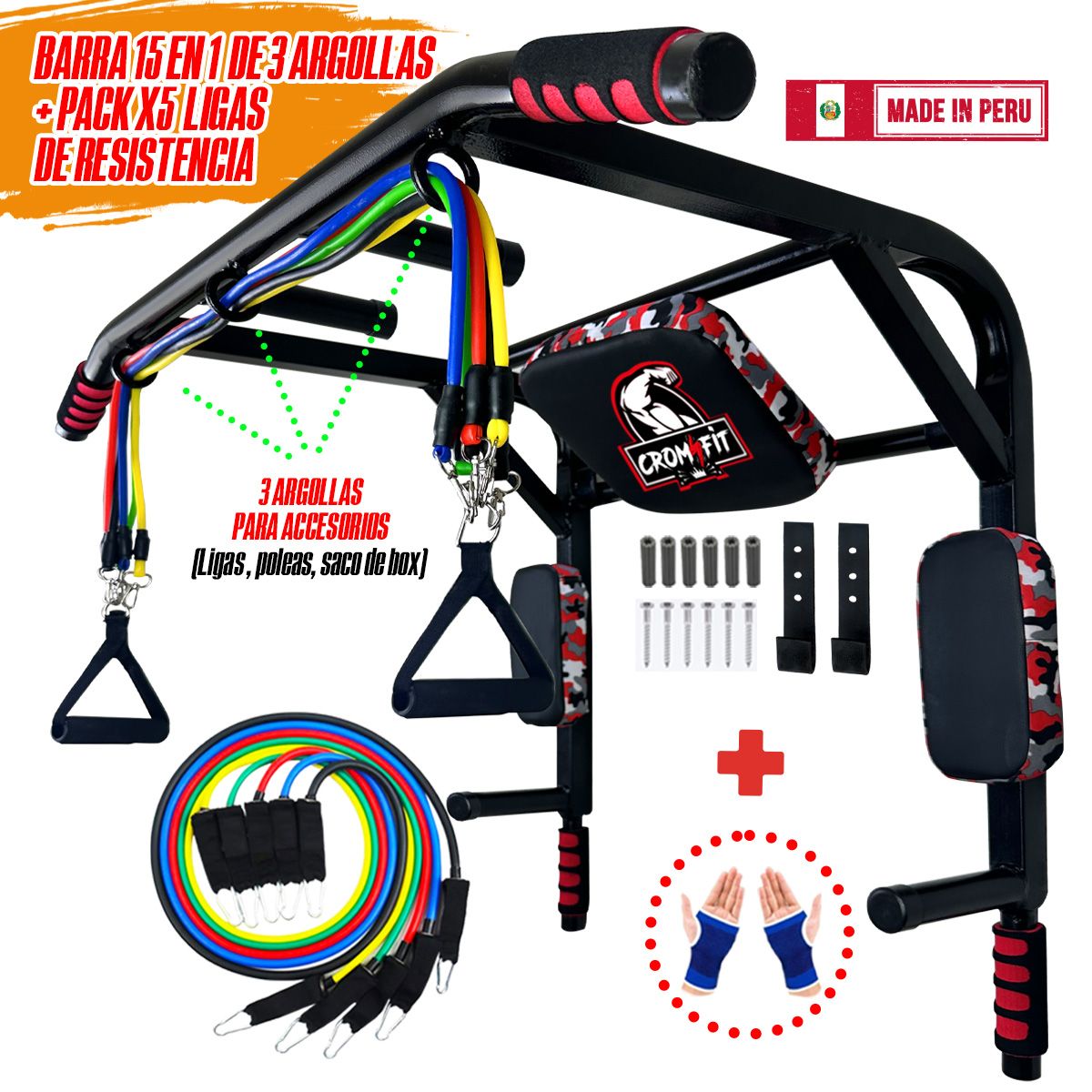 HOLGU - Barra 15 en 1 de 3 Argollas + Pack X5 Ligas Resistencia