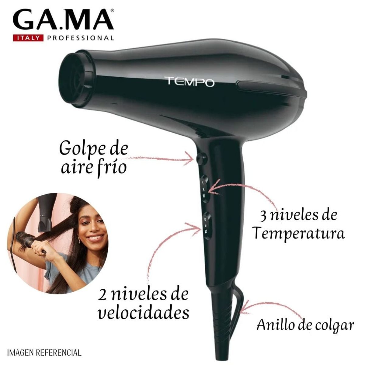 GAMA - Secadora Profesional Gama Tempo Ceramic Ion 2200 watts - NEGRO
