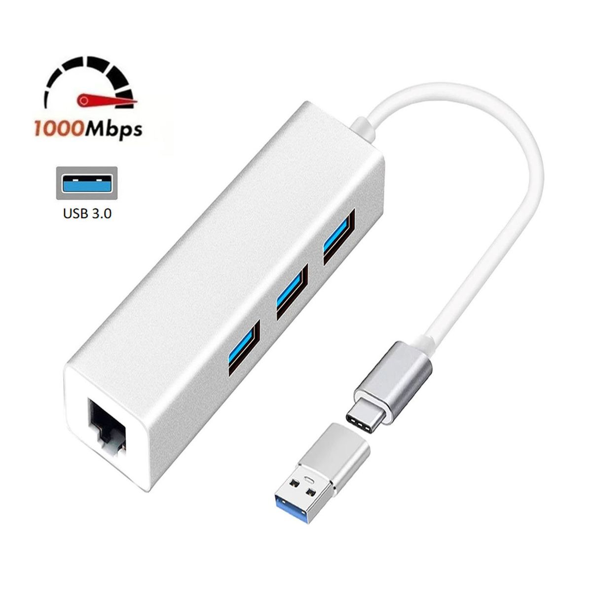 OEM - Adaptador Tipo C o USB 3.0 a RJ45 LAN 1000 Mbps + 3 Puertos USB 3.0