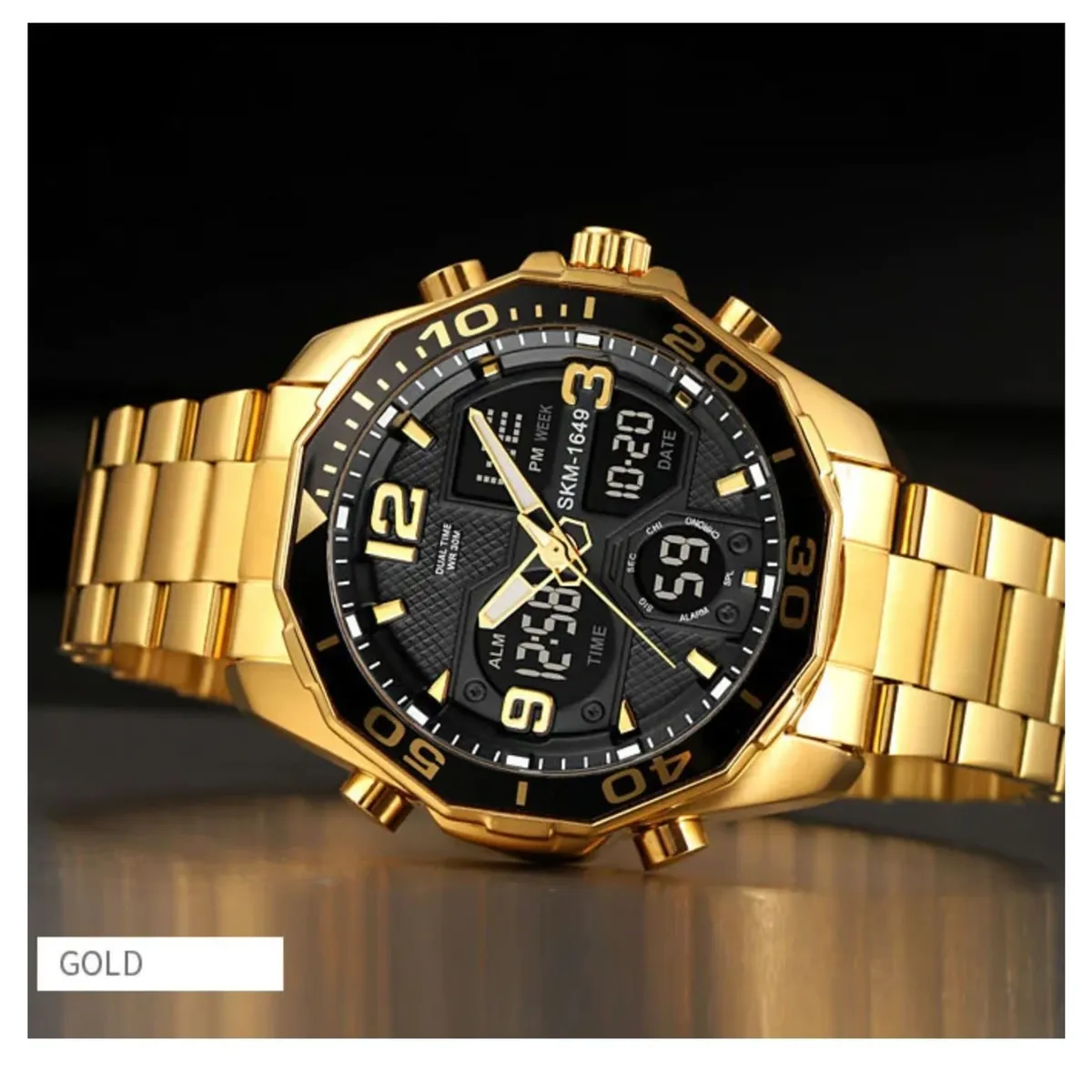 SKMEI - Reloj SKMEI 1649 Multifunción Hora Dual Prueba de Agua IP67 Gold