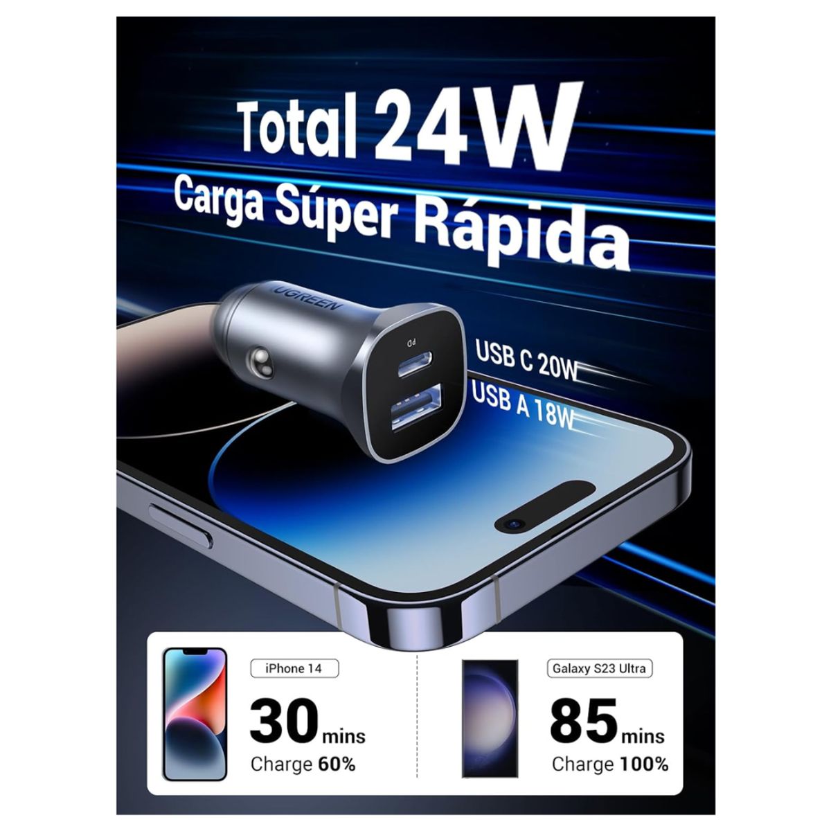 UGREEN - Cargador de Auto rápido Ugreen USB-AType-C 24W PD gris CD130