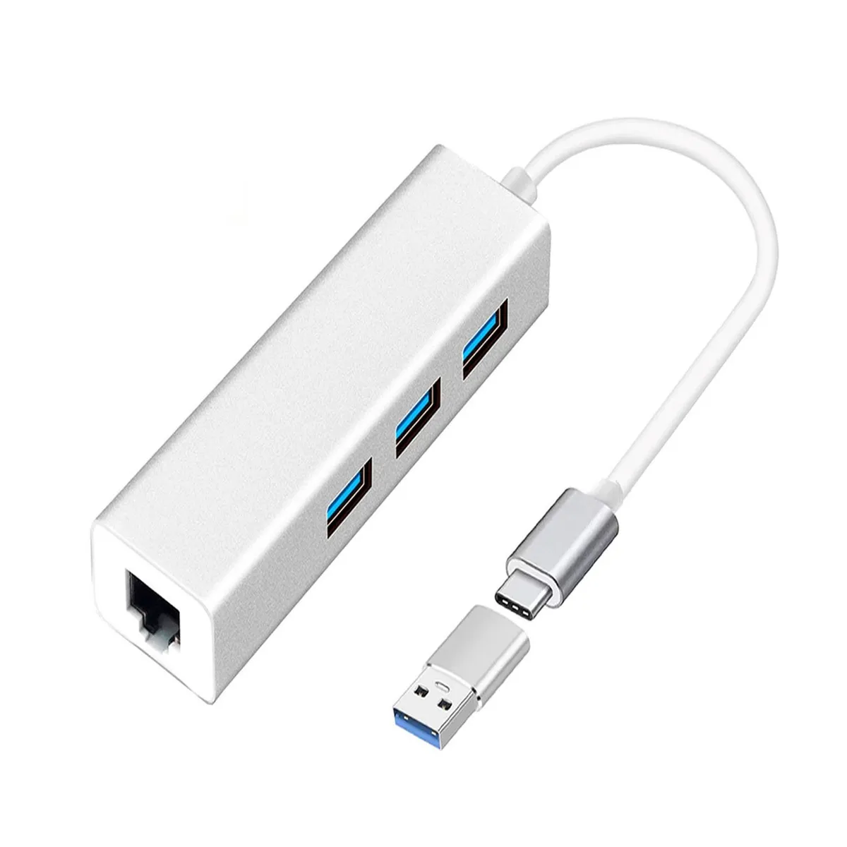OEM - Adaptador Tipo C o USB 3.0 a RJ45 LAN + 3 Puertos USB 3.0
