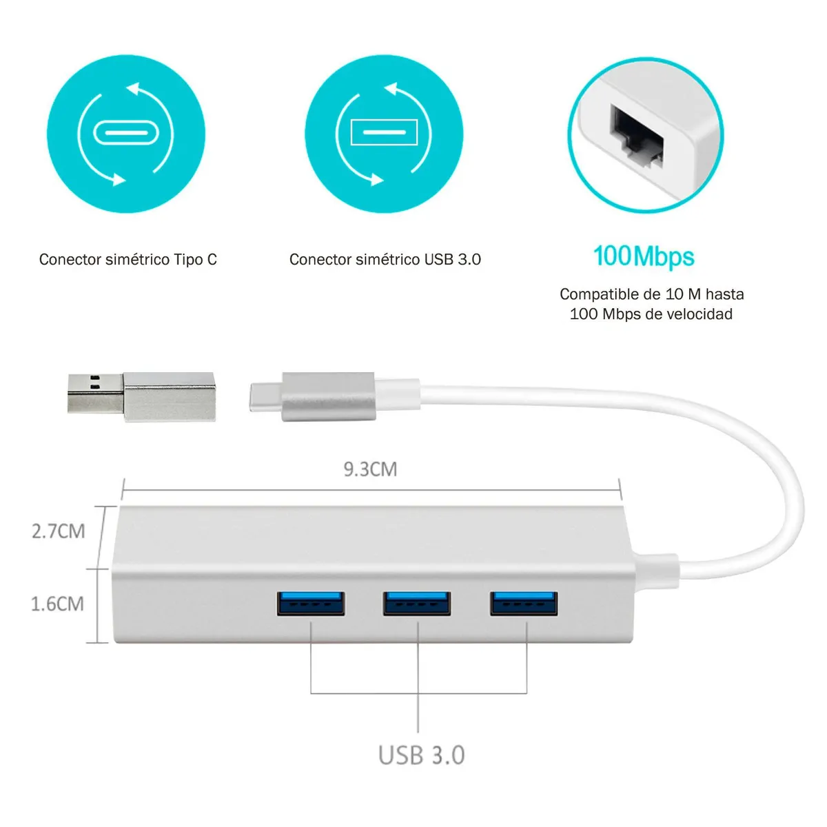 OEM - Adaptador Tipo C o USB 3.0 a RJ45 LAN + 3 Puertos USB 3.0