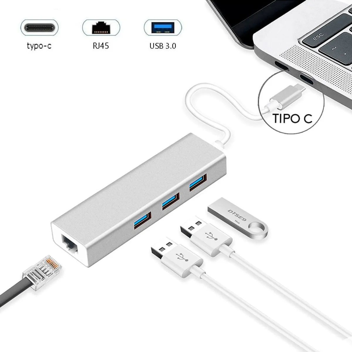 OEM - Adaptador HUB ALUMINIO Tipo C a RJ45 LAN + 3 Puertos USB 3.0