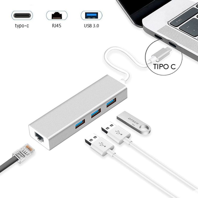 OEM - Adaptador HUB ALUMINIO Tipo C a RJ45 LAN + 3 Puertos USB 3.0