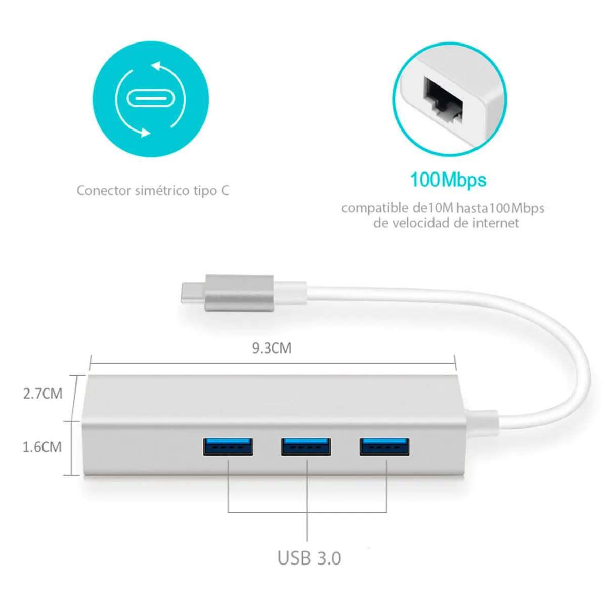 OEM - Adaptador HUB ALUMINIO Tipo C a RJ45 LAN + 3 Puertos USB 3.0