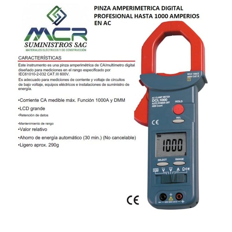 GENERICO - PINZA AMPERIMETRICA DIGITAL PROFESIONAL HASTA 1000 AMPERIOS EN AC