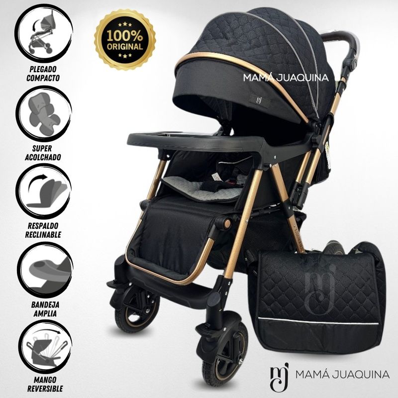 BABY - Coche Cuna de Lujo «BOMBSHELL» con Bolso Pañalero Black