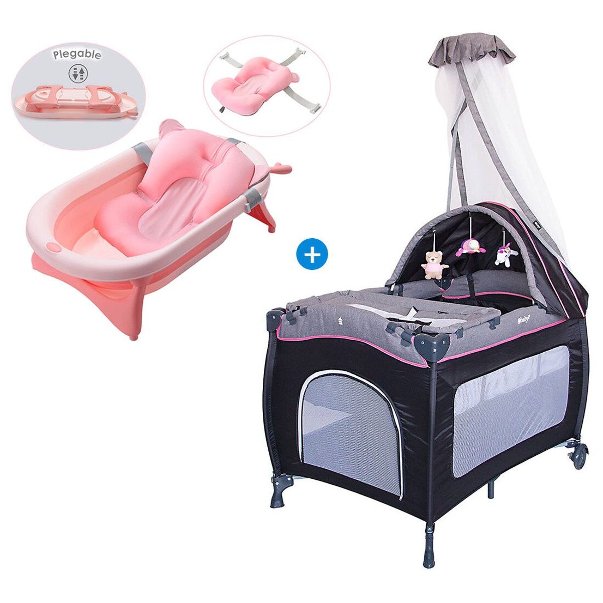 EBABY - Cuna corral mecedora sally 716 Rosado + tina plegable