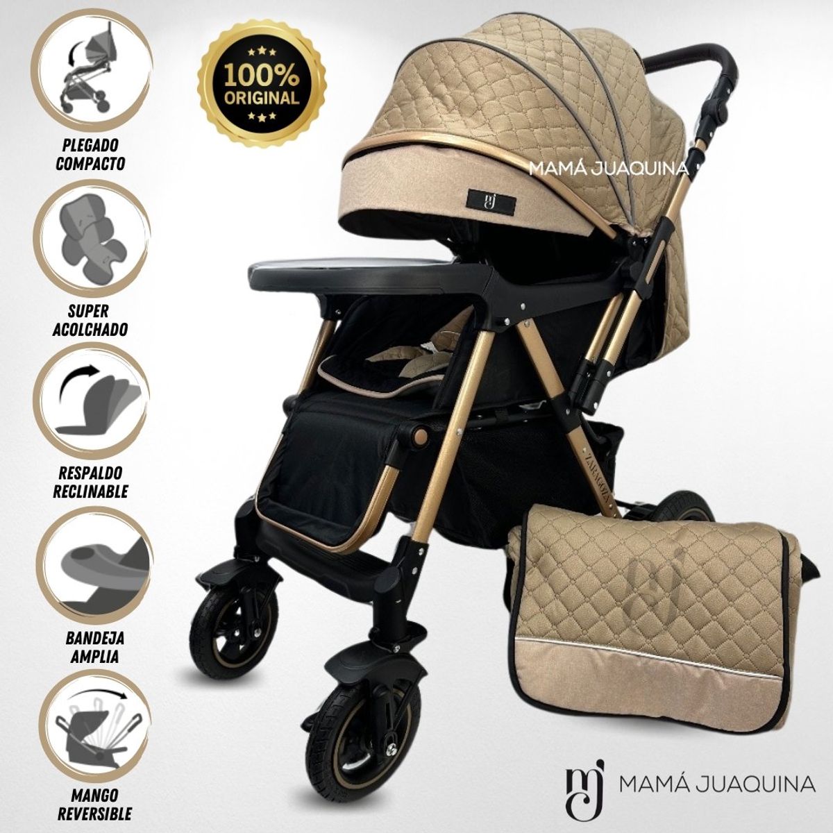 BABY - Coche Cuna de Lujo «BOMBSHELL» con Bolso Pañalero Beige