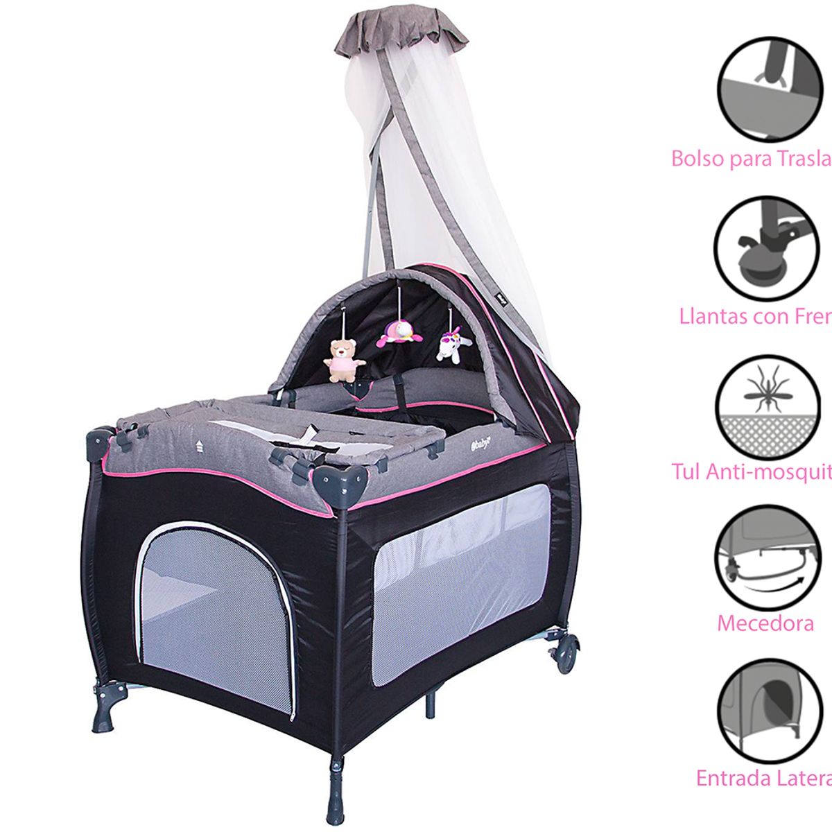 EBABY - Cuna Corral Mecedora SALLY 716 Tul Reina Rosado