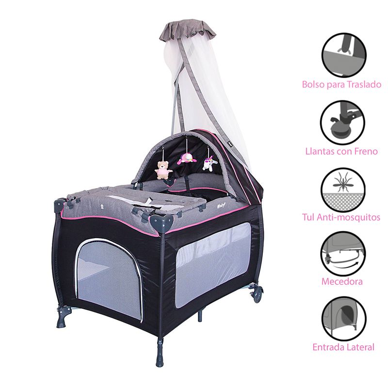 EBABY - Cuna Corral Mecedora SALLY 716 Tul Reina Rosado