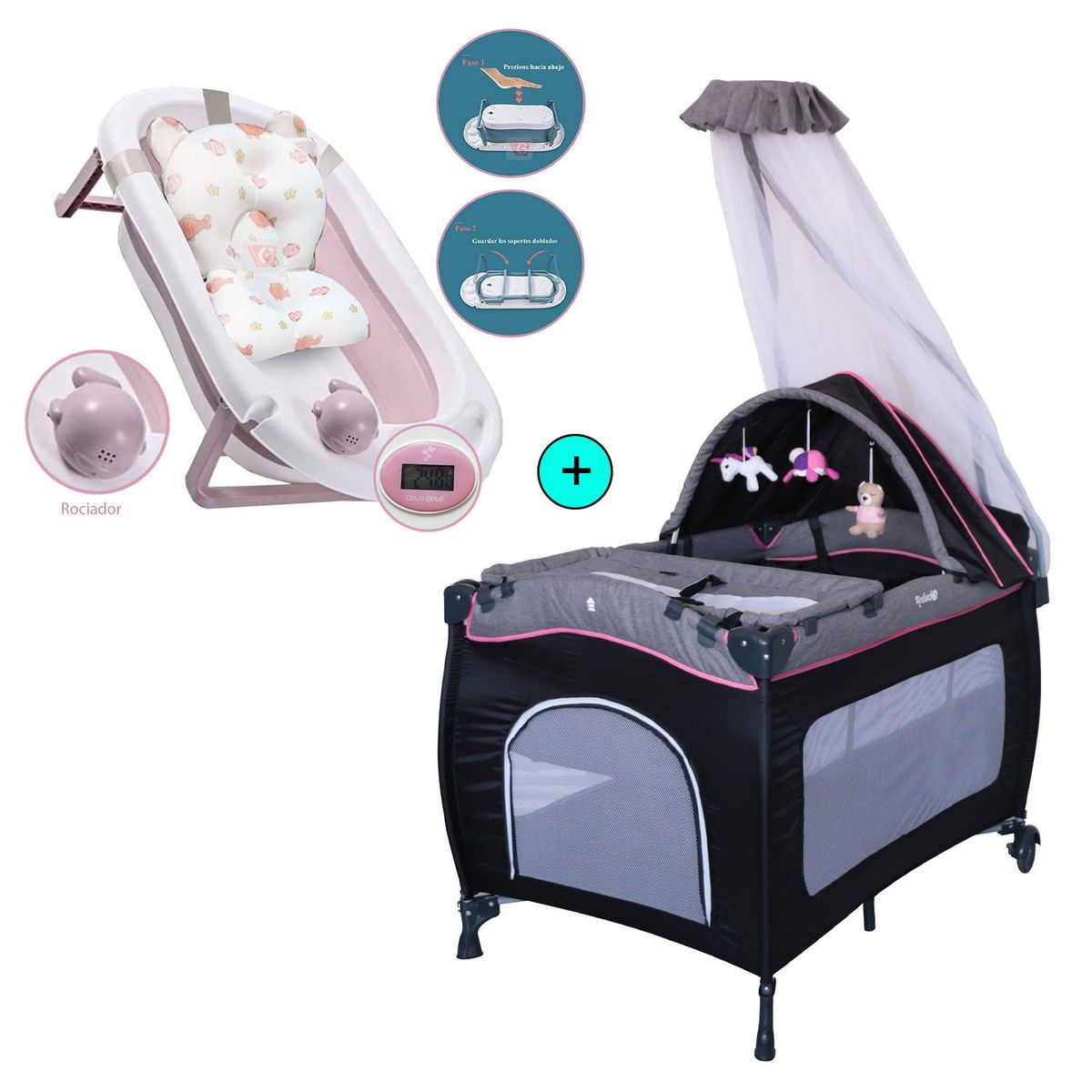 EBABY - Cuna Corral Mecedora SALLY 716 Rosado+ Tina de Baño