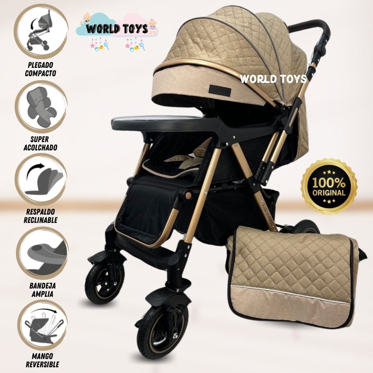 BABY - Coche Cuna de Lujo «BOMBSHELL» con Bolso Pañalero Beige