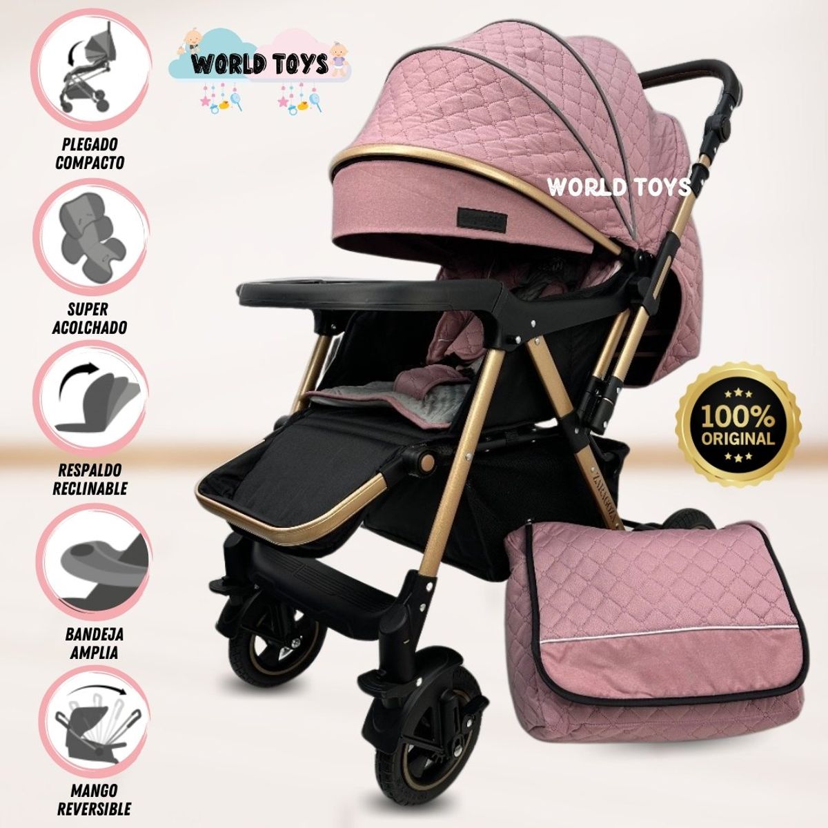 BABY - Coche Cuna de Lujo «BOMBSHELL» con Bolso Pañalero Pink
