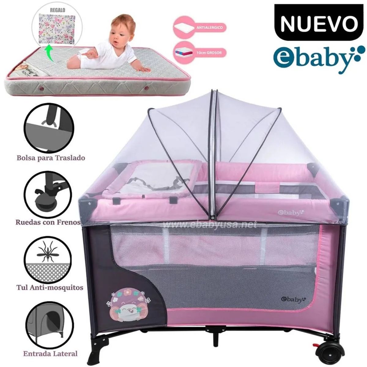 EBABY - Cuna Corral Ebaby con Cambiador + Colchon Rosado