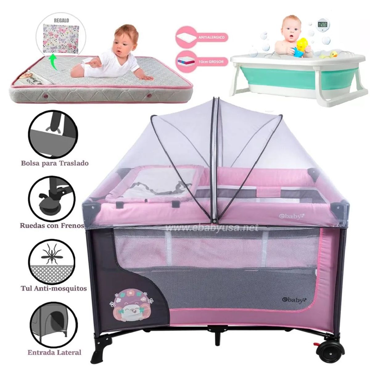 EBABY - Cuna Corral Ebaby Dream +Tina Plegable Celeste+ Colchón ROSA