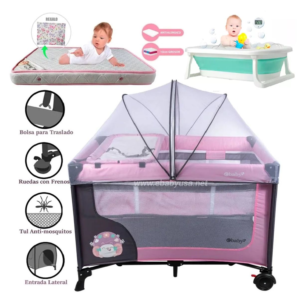 EBABY - Cuna Corral Ebaby Dream +Tina Plegable Celeste+ Colchón ROSA
