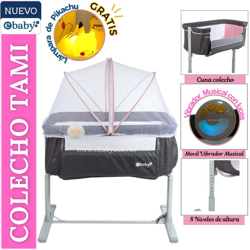EBABY - CUNA COLECHO PARA BEBE TAMI ROSADO + GRATIS LAMPARA PIKACHU