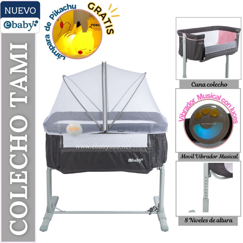 EBABY - CUNA COLECHO PARA BEBE TAMI GRIS + GRATIS LAMPARA PIKACHU